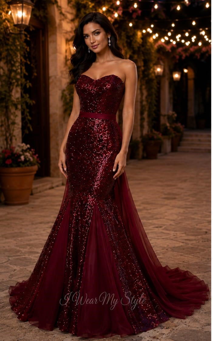 Dark Maroon Sequins Pageant/Prewedding Grand Gown