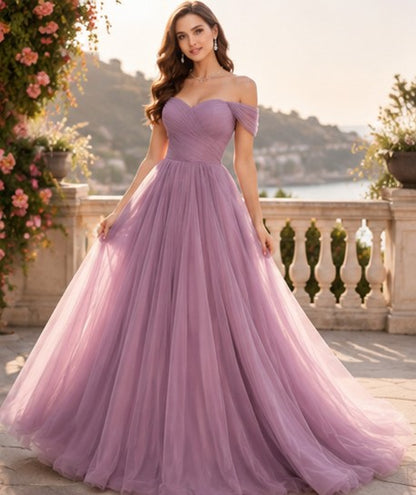 Dusty Mauve Off-Shoulder Tulle Ball Pre-wedding Gown