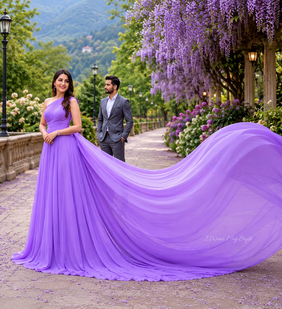 Lavender One-Shoulder Georgette Pre-wedding Mega gown
