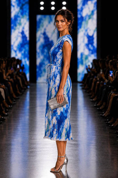 Azure Bloom Pleated Midi Dress