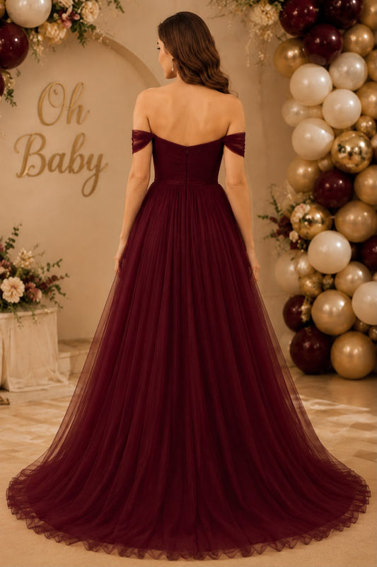 Burgundy Off-Shoulder Tulle Evening Gown