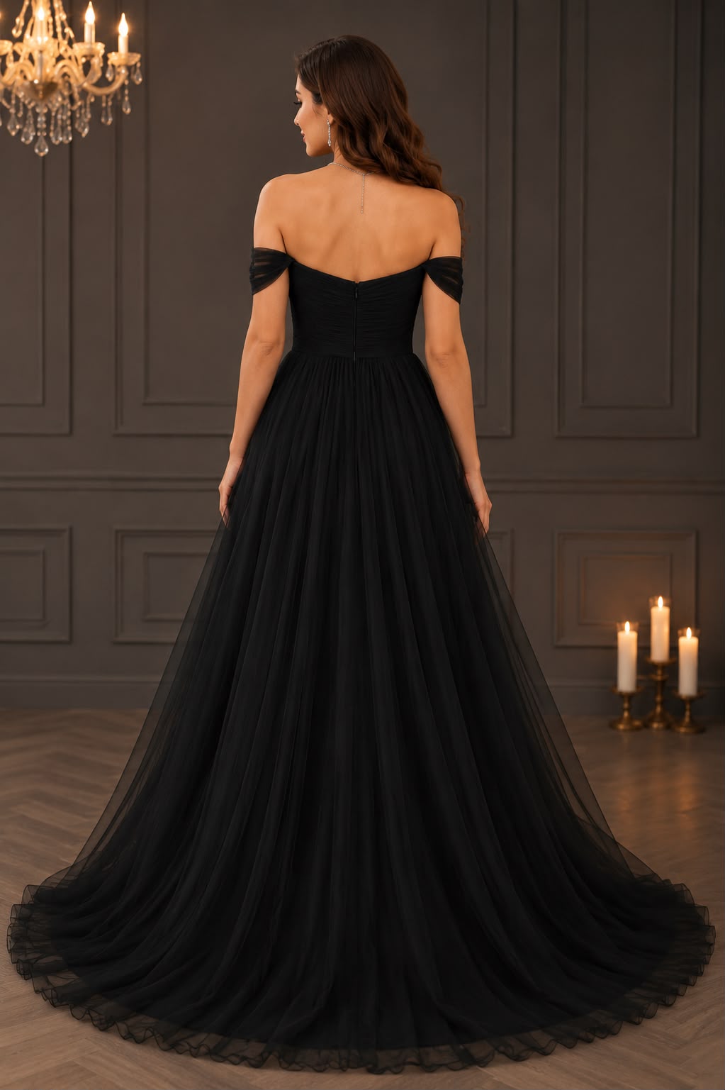 Black Elegance Off-Shoulder Tulle Gown