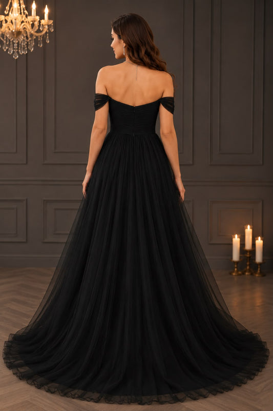 Black Elegance Off-Shoulder Tulle Gown