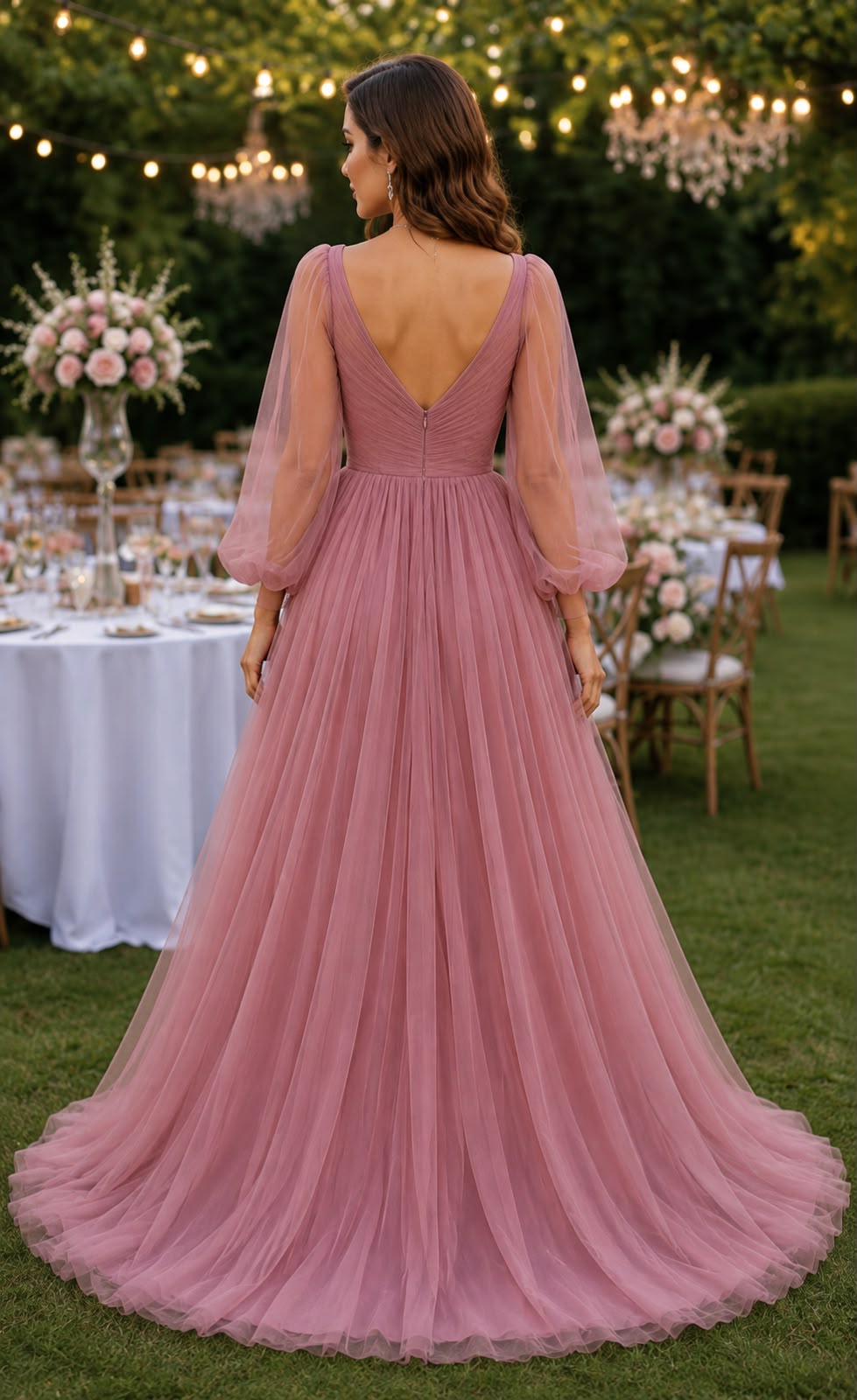 Dusty Rose Long Sleeve Tulle Evening Gown