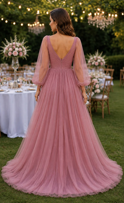 Dusty Rose Long Sleeve Tulle Evening Gown
