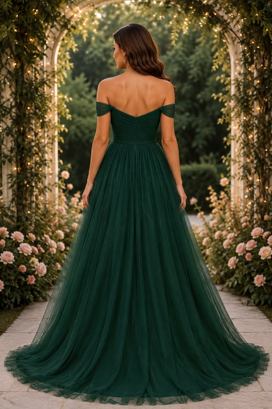 Emerald Green Off- Shoulder-Tulle Evening Gown