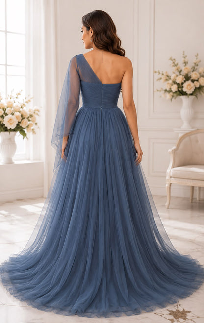 Dusky Blue One-Shoulder Tulle Evening Gown