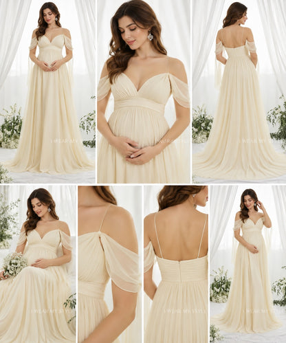 Light Yellow Plunge Neck Cold Shoulder Maternity Dress