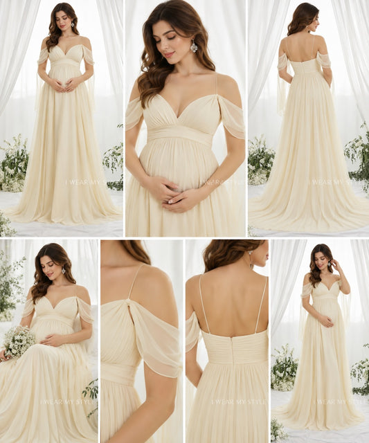 Light Yellow Plunge Neck Cold Shoulder Maternity Dress