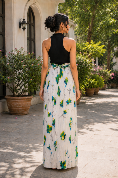 Soft pleated maxi skirt with floral watercolor print