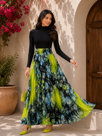 Lime Noir Floral Pleated Maxi Skirt