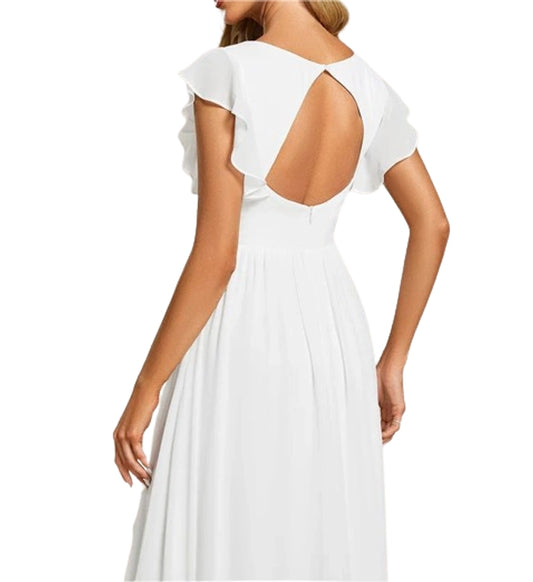 White Ruffles Sleeves Keyhole Backless Dress