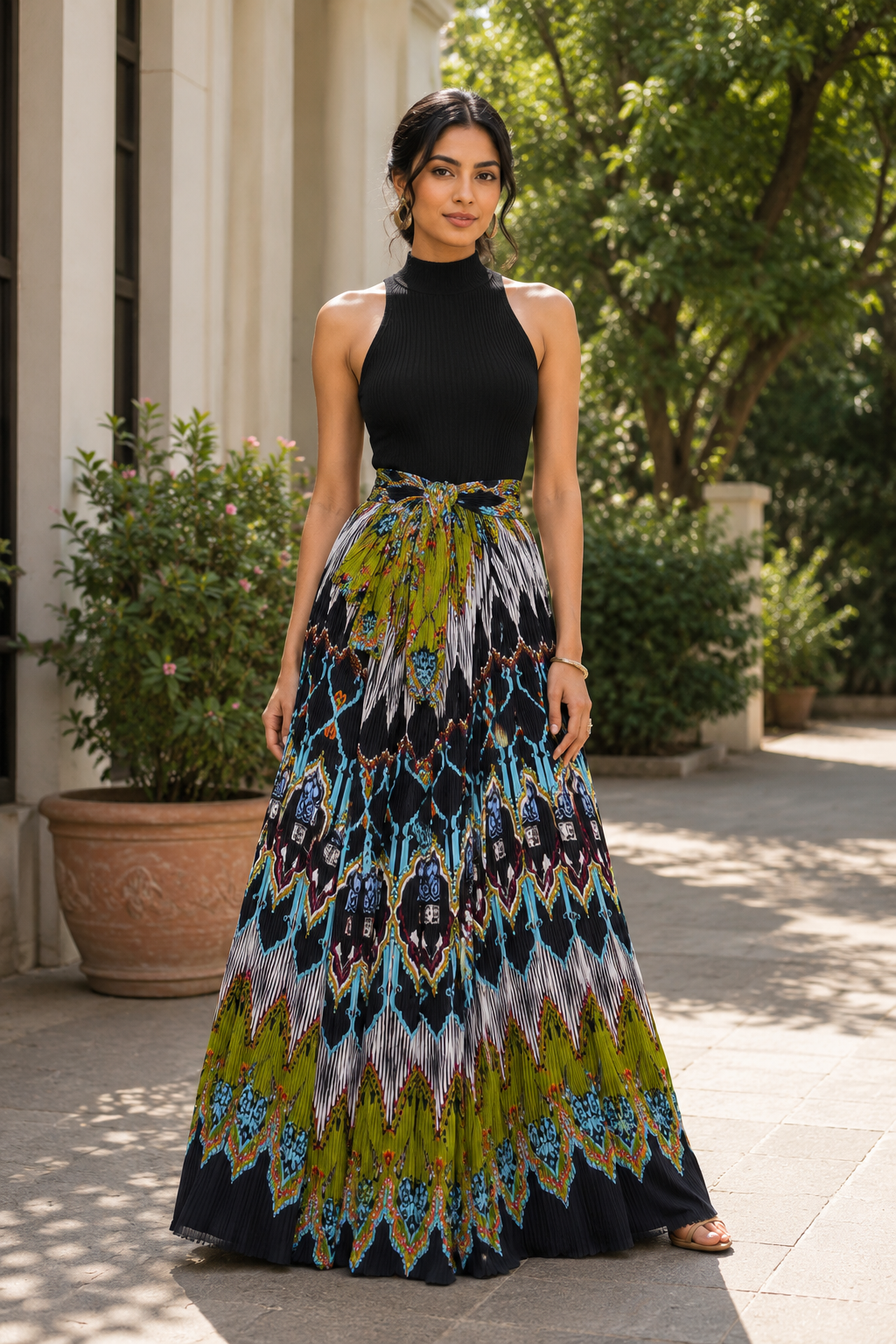 Midnight Mosaic Pleated Maxi Dress
