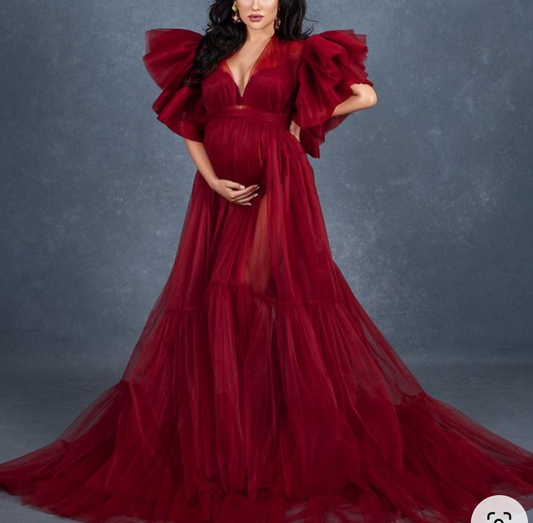 Grand Maroon Red Ruffled Sleeves All Occasion Wear Gown