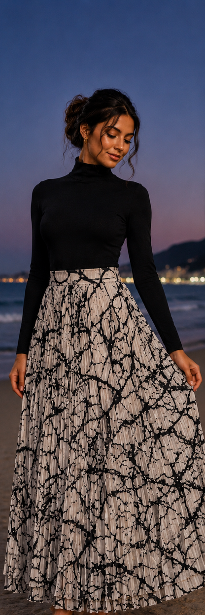 Monochrome Abstract Pleated Maxi Skirt