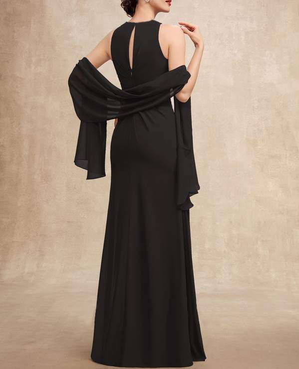 Black Scoop Neck Floor-Length Cascading Ruffles