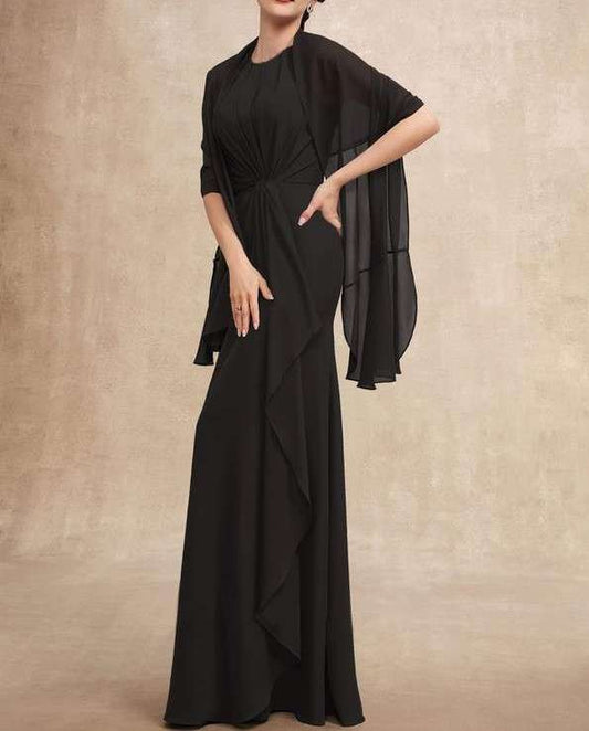 Black Scoop Neck Floor-Length Cascading Ruffles