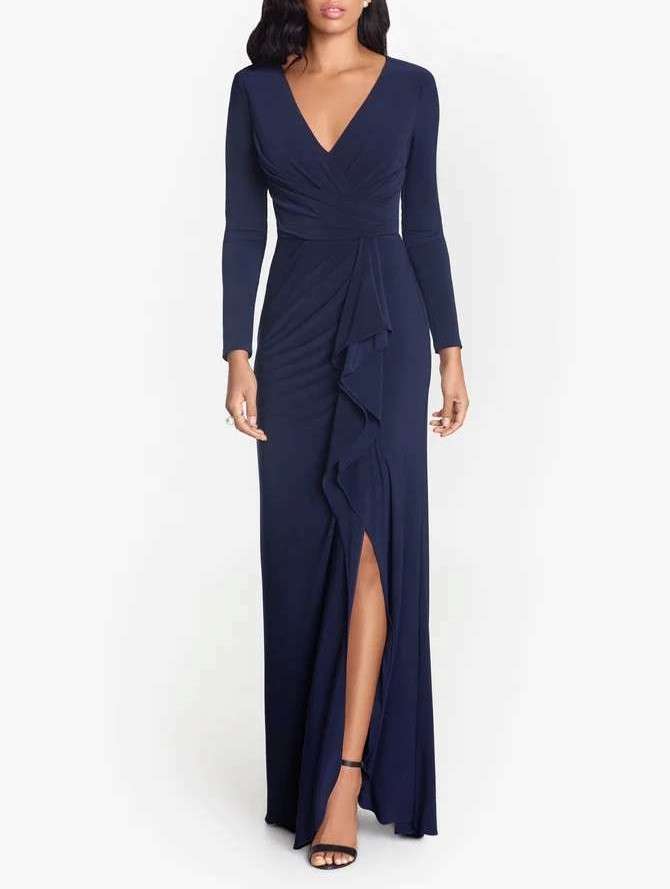 Long Sleeve Side Ruffled Slit Gown
