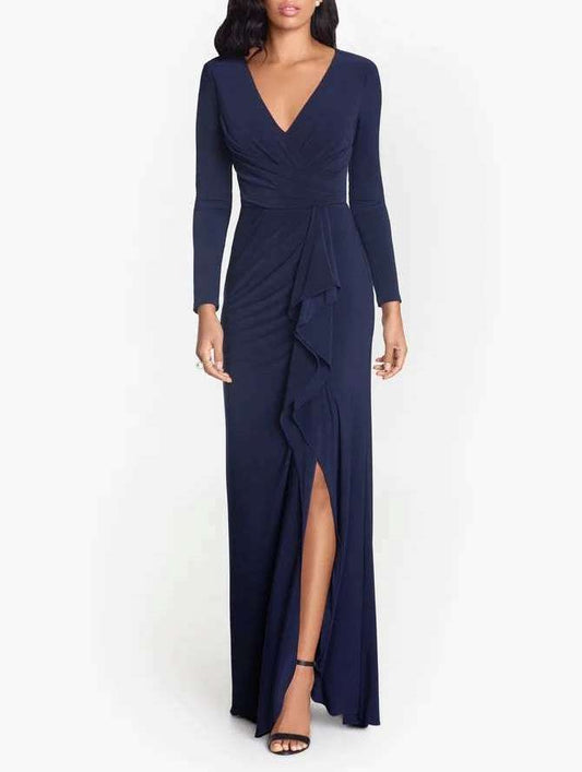 Long Sleeve Side Ruffled Slit Gown