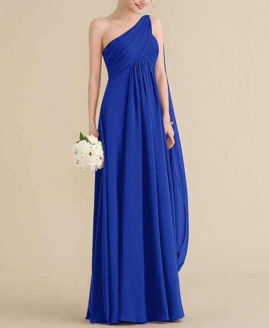 Blue A-Line One-Shoulder Floor-Length Maxi Dress