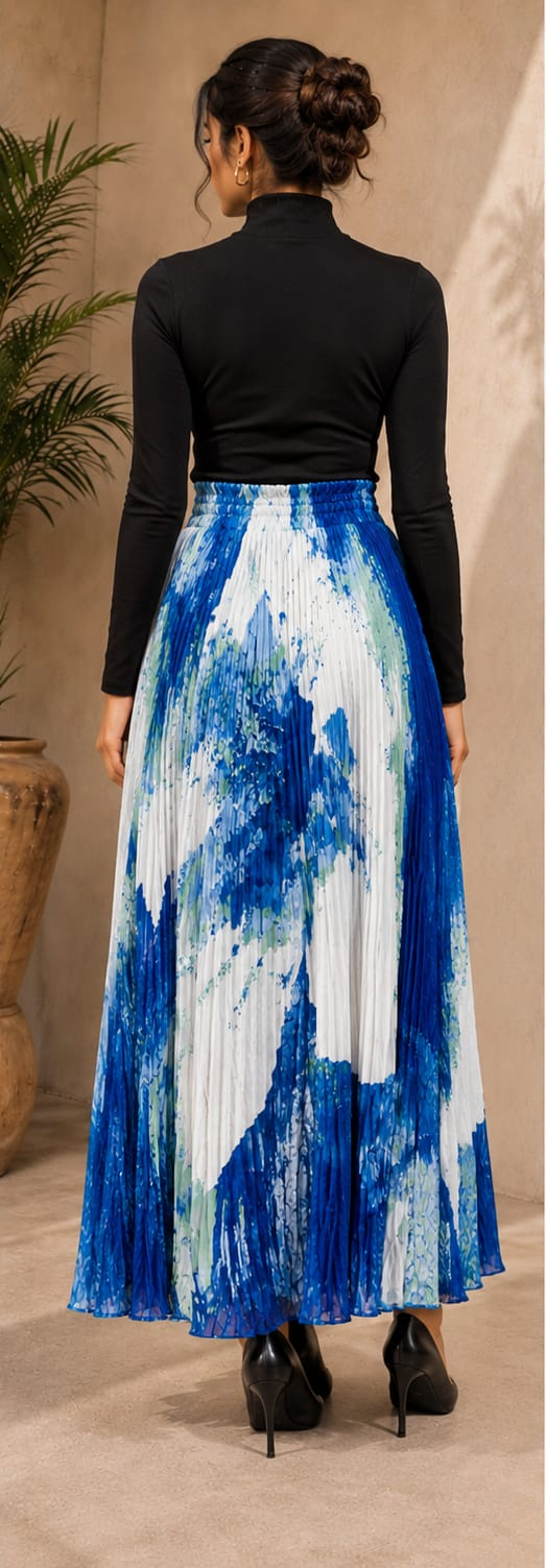 Azure Brushstroke Pleated Maxi Skirt