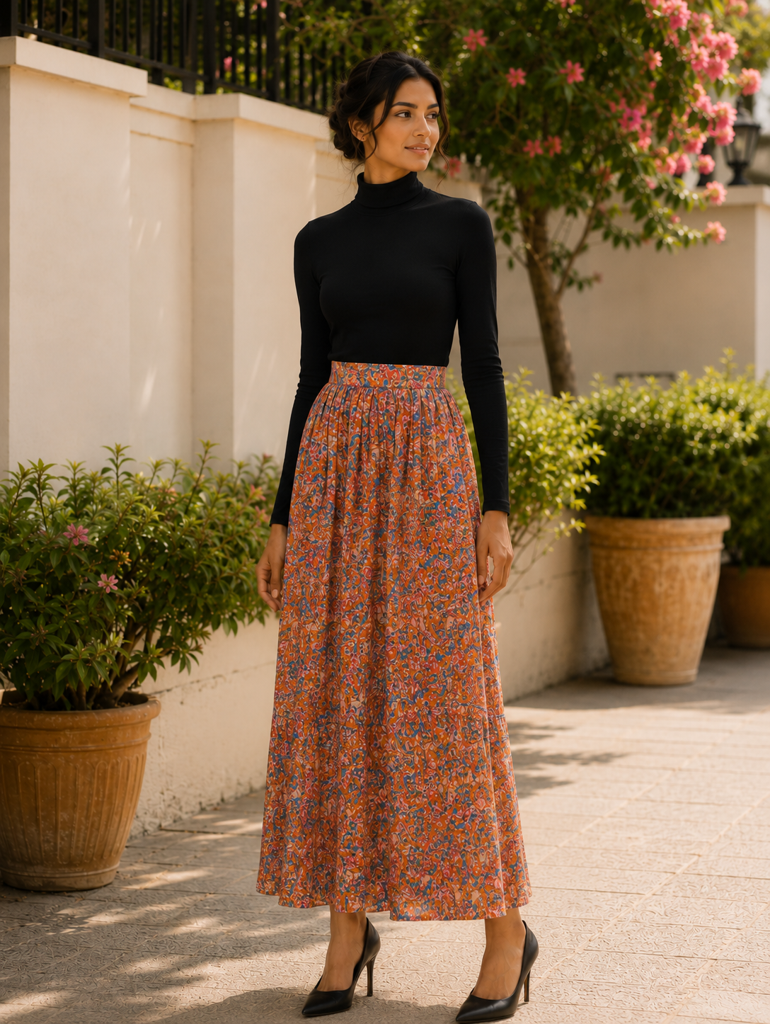 Autumn Mosaic Gathered Maxi Skirt