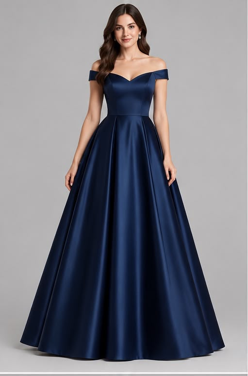 Navy Satin off shoulder Ball Gown Dress