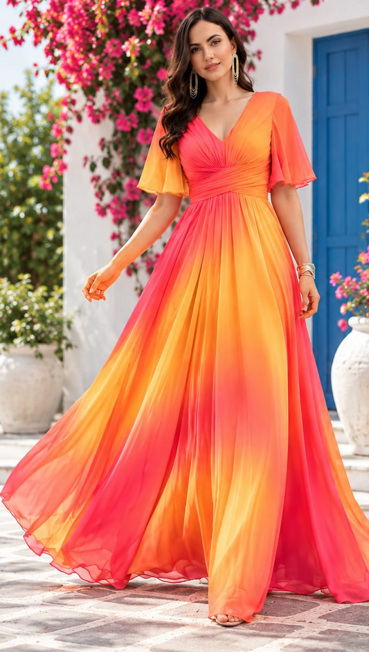 Fiery Ombre Cross Drape All Occasion Maxi Dress
