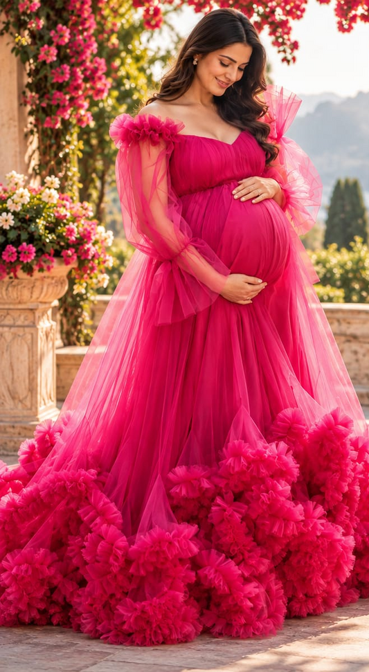 Fuchsia Pink Floral Tulle Maternity Gown