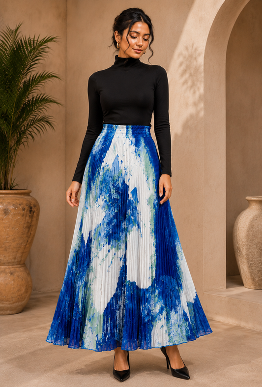 Azure Brushstroke Pleated Maxi Skirt