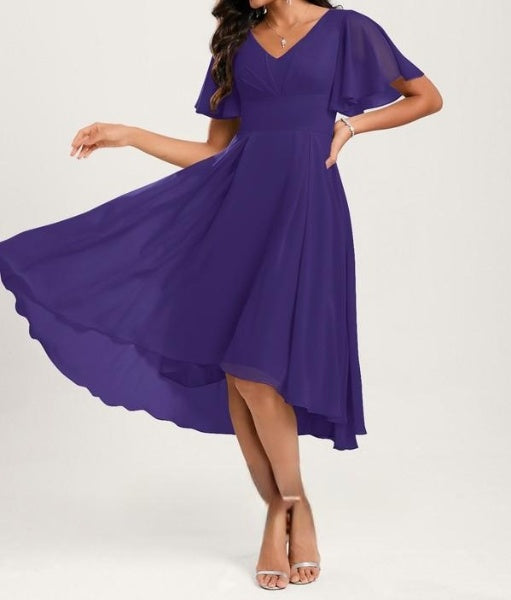 Purple Midi V Neck Umbrella Sleeves Dress