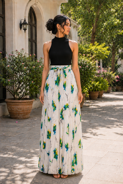 Soft pleated maxi skirt with floral watercolor print