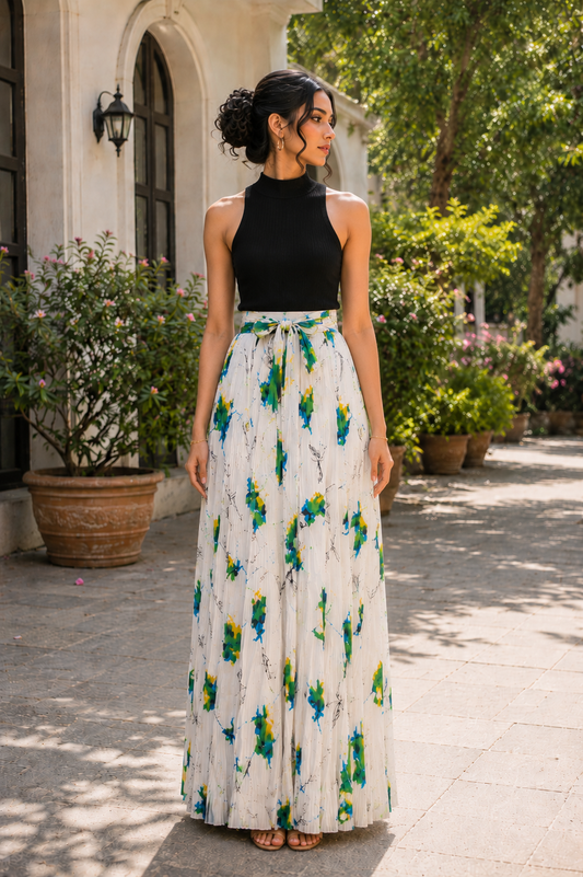 Soft pleated maxi skirt with floral watercolor print