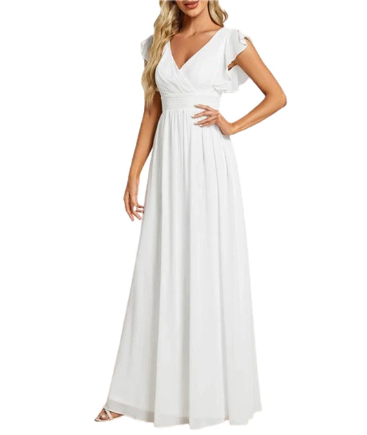 White Ruffles Sleeves Keyhole Backless Dress