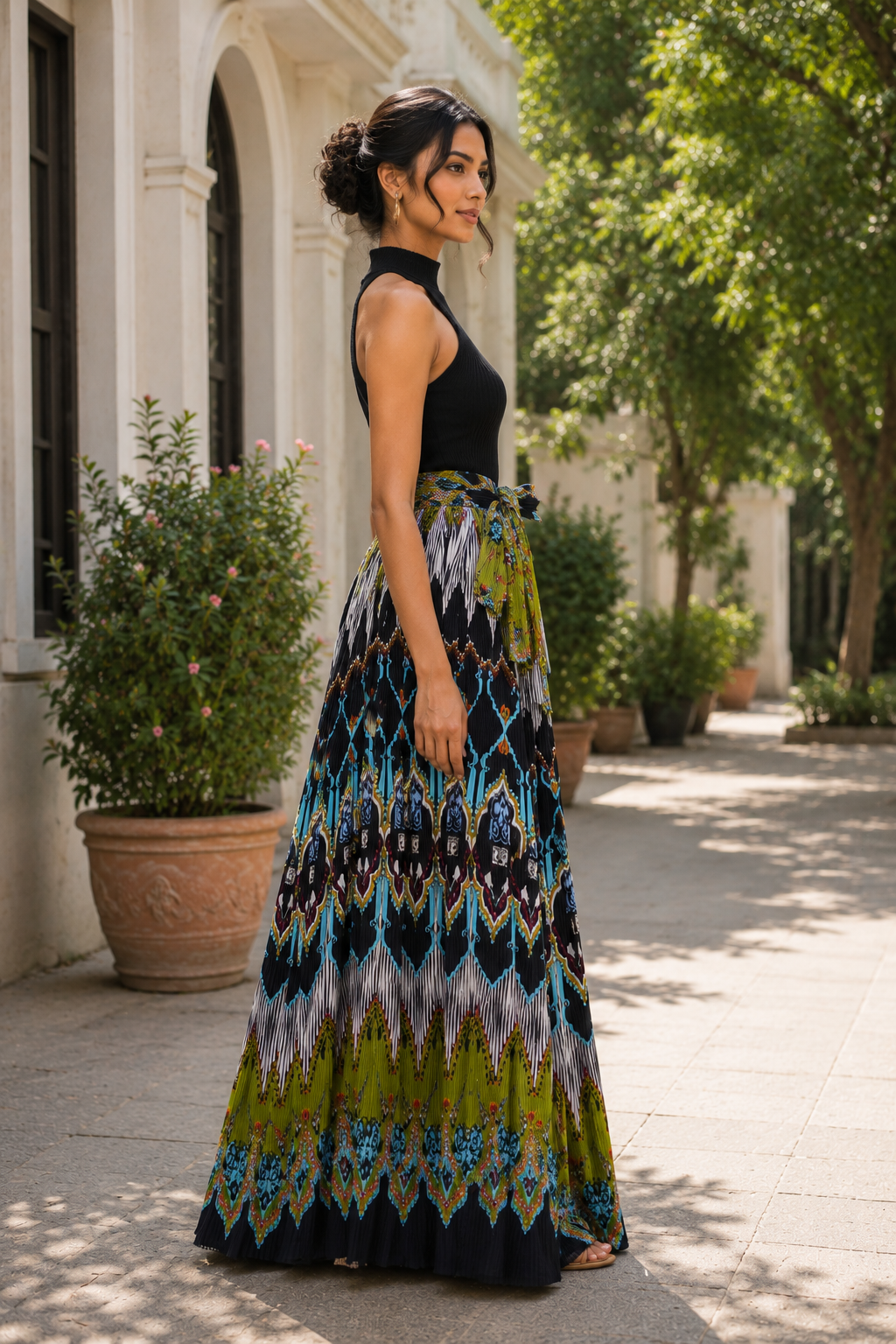 Midnight Mosaic Pleated Maxi Dress