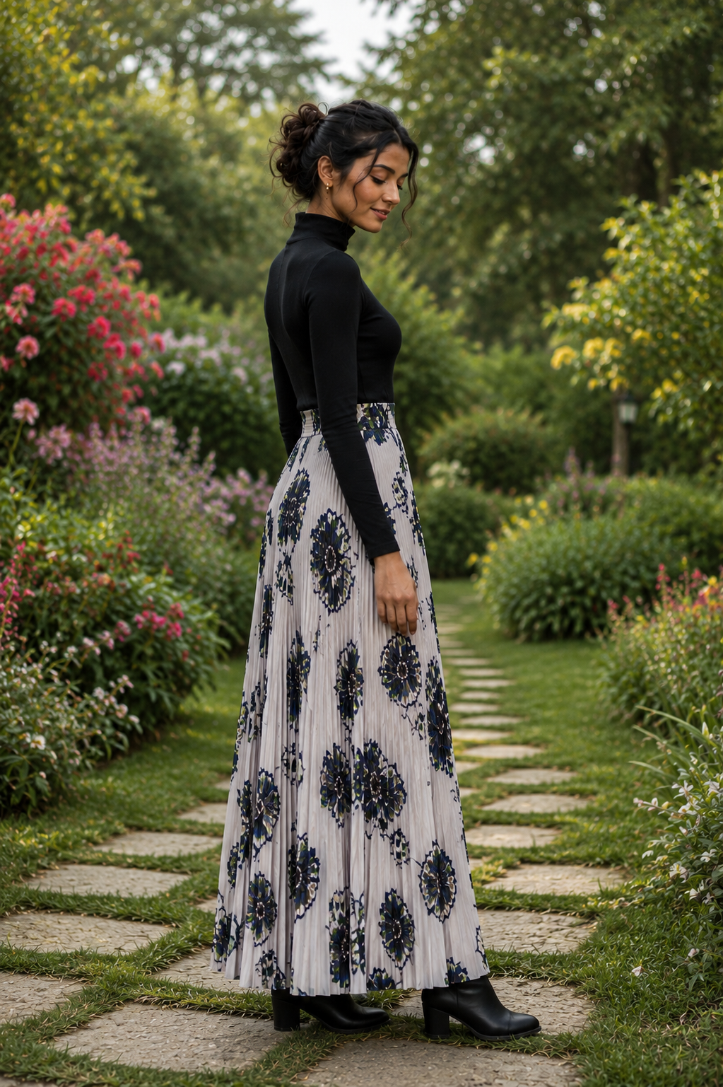 Ivory Bloom Pleated Maxi Skirt