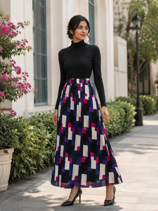 Multi-color geometric printed pleated midi skirt