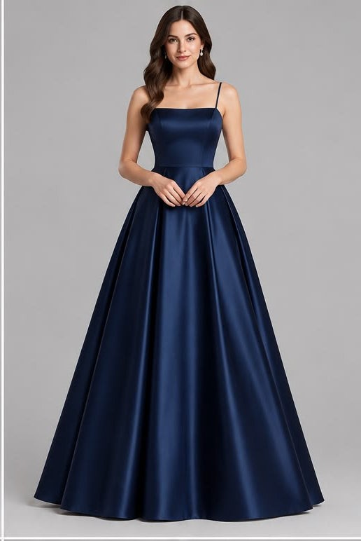 Navy Satin Noodle Straps Ball Gown Dress