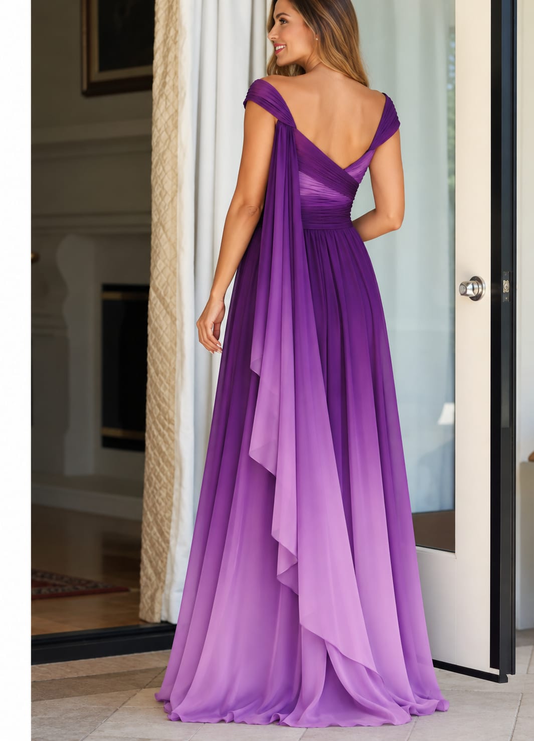 Purple and Lilac Ombre Cross Drape Georgette Maxi Dress