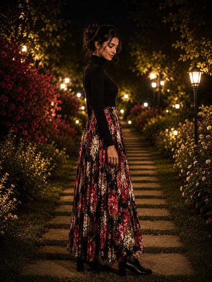 Midnight Garden Pleated Maxi Skirt