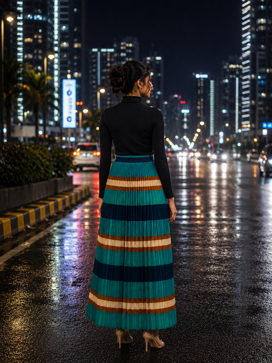 Teal multi-stripe pleated maxi skirt