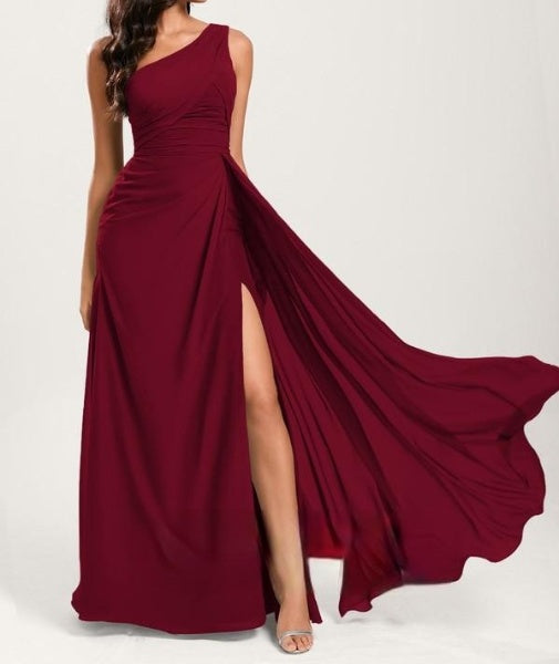 Maroon One Shoulder Floor-Length Georgette Bridesmaid Dress With Ruffle
