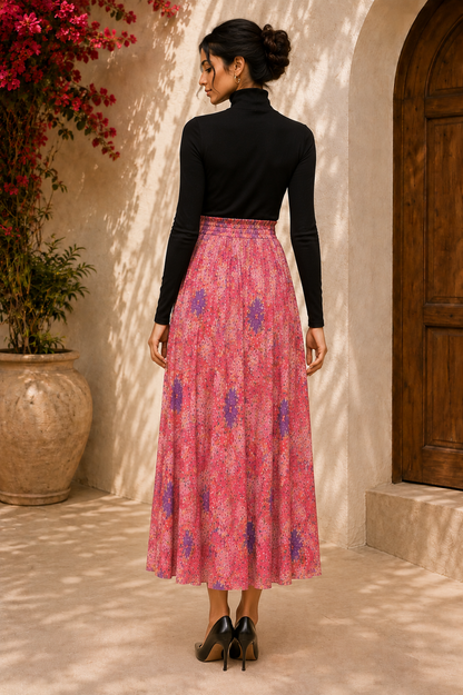 Pink Floral Pleated Maxi Skirt