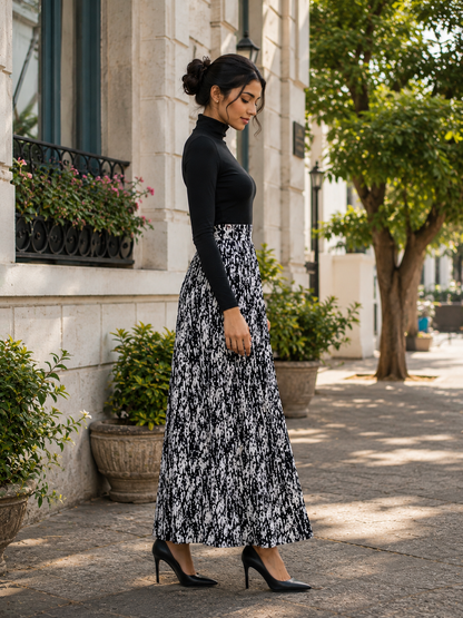 Elegant Monochrome Pleated Maxi Skirt Set