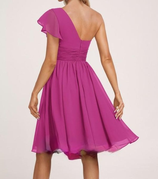 Fuchsia Pink One Shoulder Midi Dress