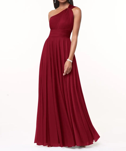 Maroon Red One-Shoulder Maxi Dress with Drape