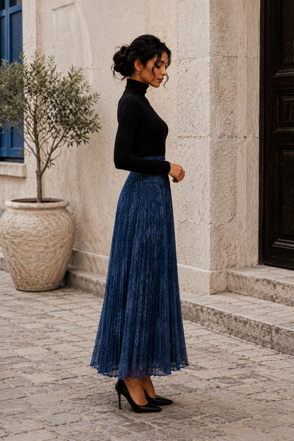 Midnight Blue Pleated Maxi Skirt