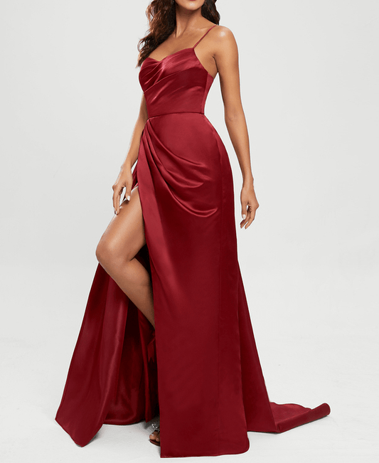 Maroon Satin Sweetheart Neckline High Slit Formal Gown