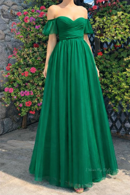 Green Soft Net Bustier Off Shoulder Maxi Dress