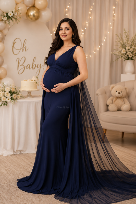 Midnight Blue Sheer Trail Maternity Gown